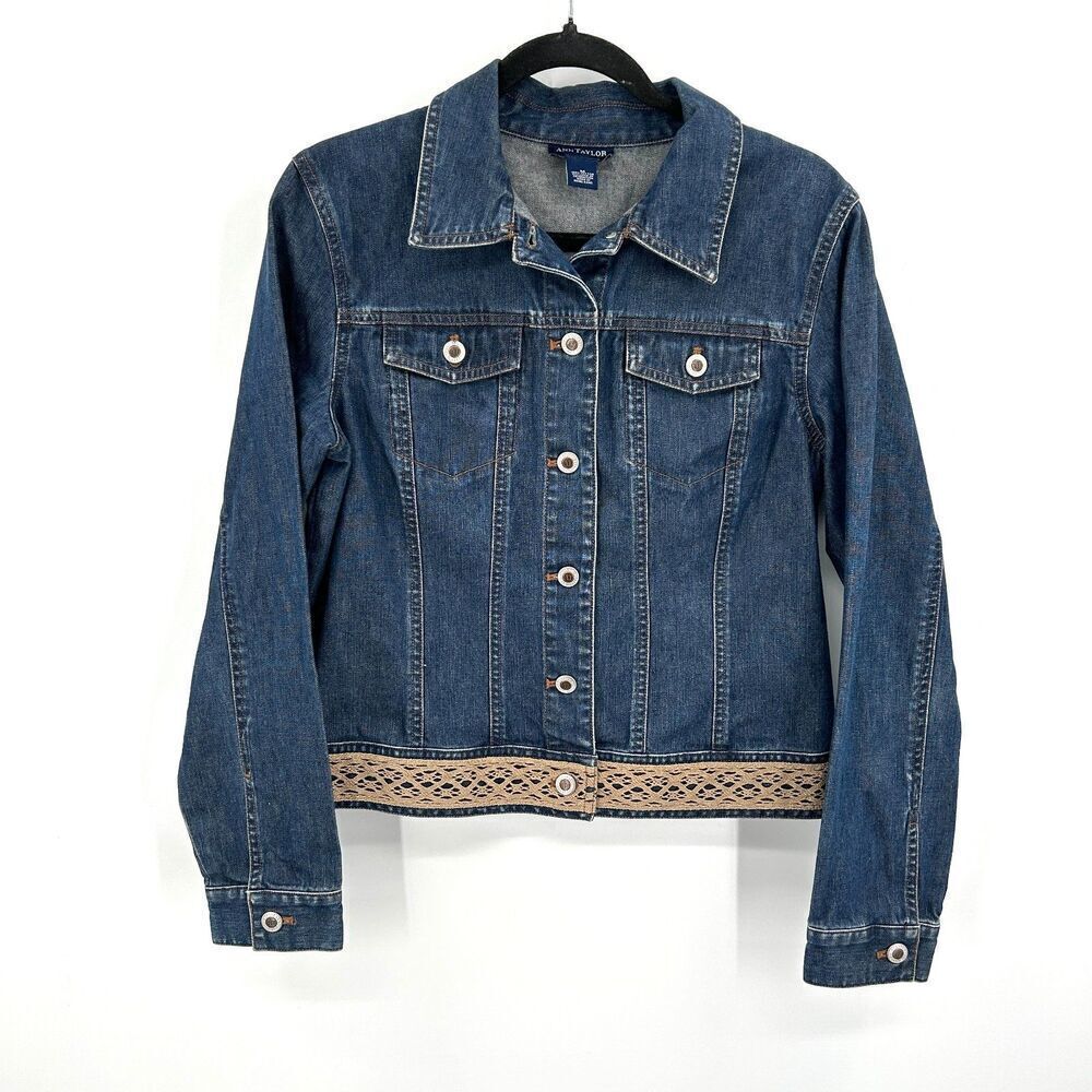 ANN TAYLOR Blue Button Up 100% Cotton Beige Lace Denim Jean Jacket Size Medium